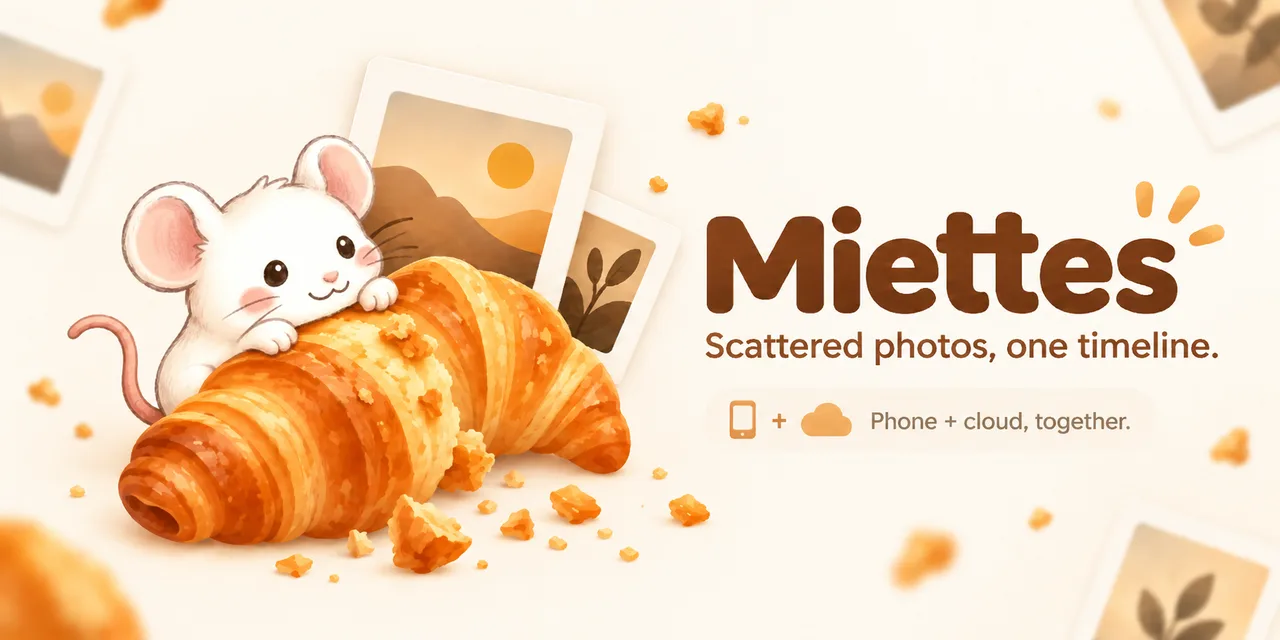 크루아상 위의 흰 생쥐와 사진 카드 일러스트, Miettes 로고